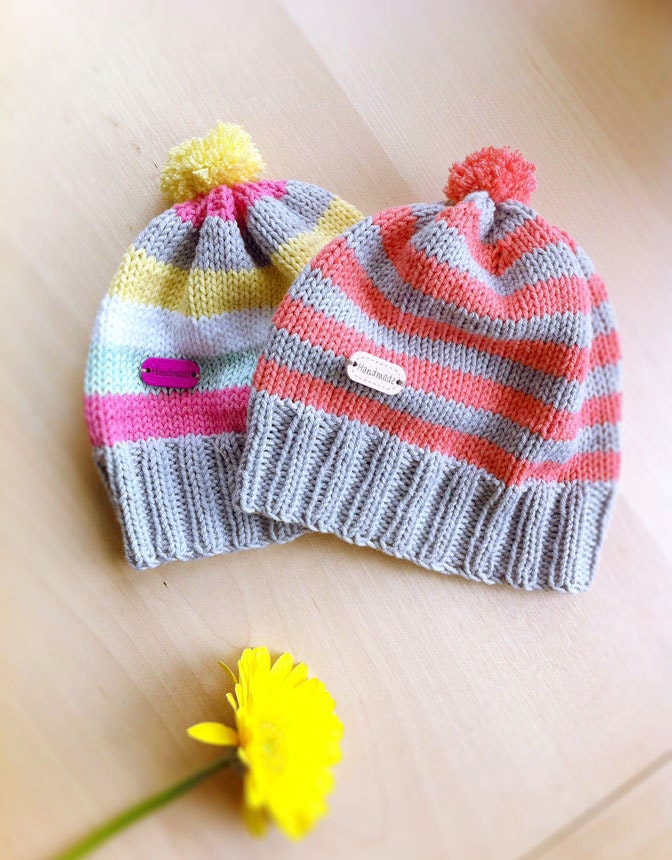 Summer beanie for babies from 6 months. coral and gray stripes. pom-pom at the top