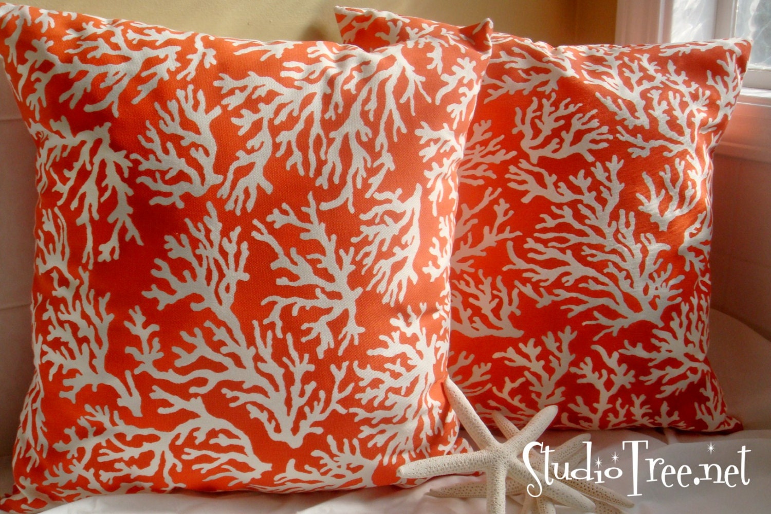 Beach Coral Print Outdoor Fabric 18 inch Pillow COVERS       set of 2 ORANGE