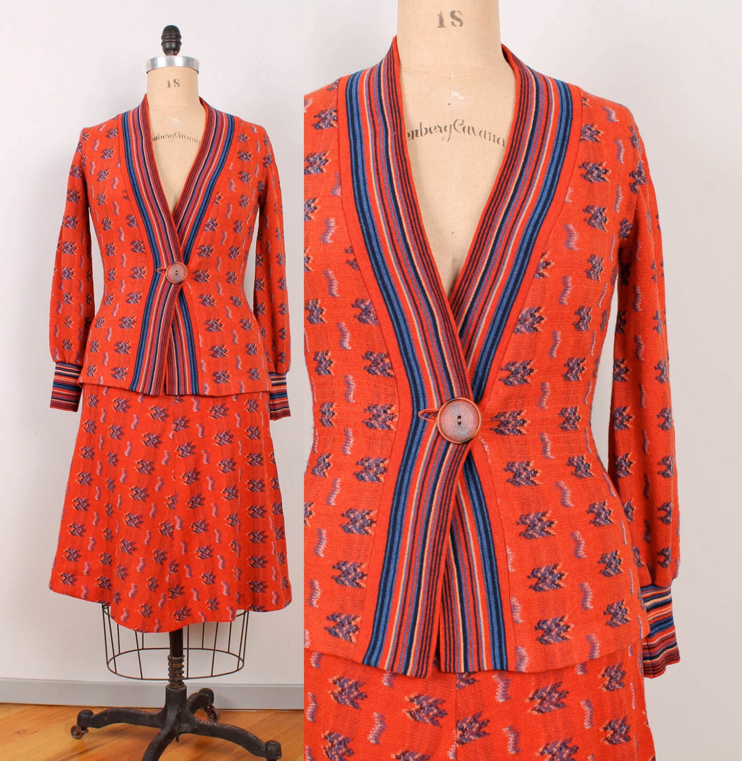 1970s Knit Sweater Suit - Womens S - Rust Orange Graphic Skirt & Cardigan / Blazer Navy Blue Royal Blue Tan