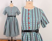1960s Floral Shirtwaist Dress - Womens XL - Full Skirt Short Sleeve 60s Day Dress Blue Red Yellow Green White Black Flowers Stripes