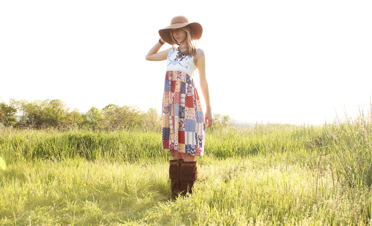 Vintage 60s Hippie Dress Handmade Babydoll Floral Patchwork Sleeveless Summer Fun Womens XS 0 Juniors Teens 14 16