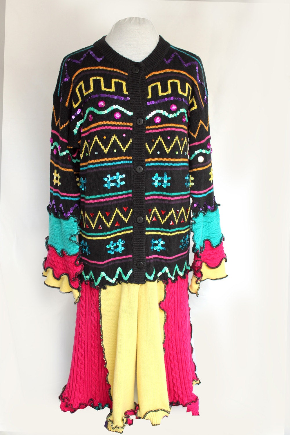 One of a Kind Upcycled Multi Colored Mardi GRAS Sweater Coat