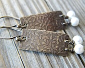 White Pearl Brass Earrings Freshwater Potato Flower Etched Rectangle Artisan Jewelry