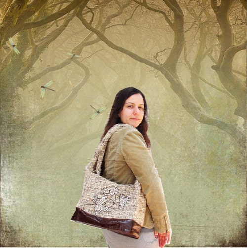 Knitted Leather Bag with Embroidered Leaves