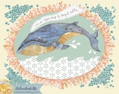 Whale Art Print with Coral and Lace--Small Collage Print for Baby Boy or Girl in Aqua, Peach and Mint Blue-Green.