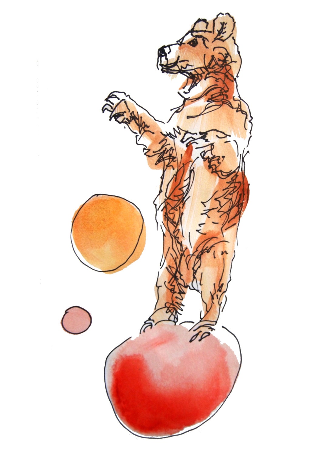 Balancing Bear Art Digital Print 5x7 Illustration Watercolor Ink Red Yellow