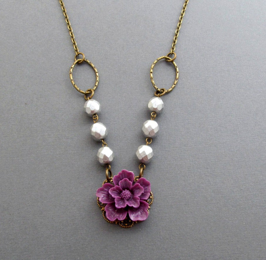 Purple Flower Necklace Sakura Flower Necklace Silver Beads Gray Beaded Necklace Chunky Beaded Jewelry Spring Garden - Maya