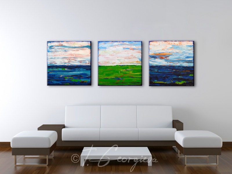 Original painting on canvas abstract landscape  - 'Coastal no.21', 18" x 18" x 3 panels, triptych, seascape, ready to hang fine art