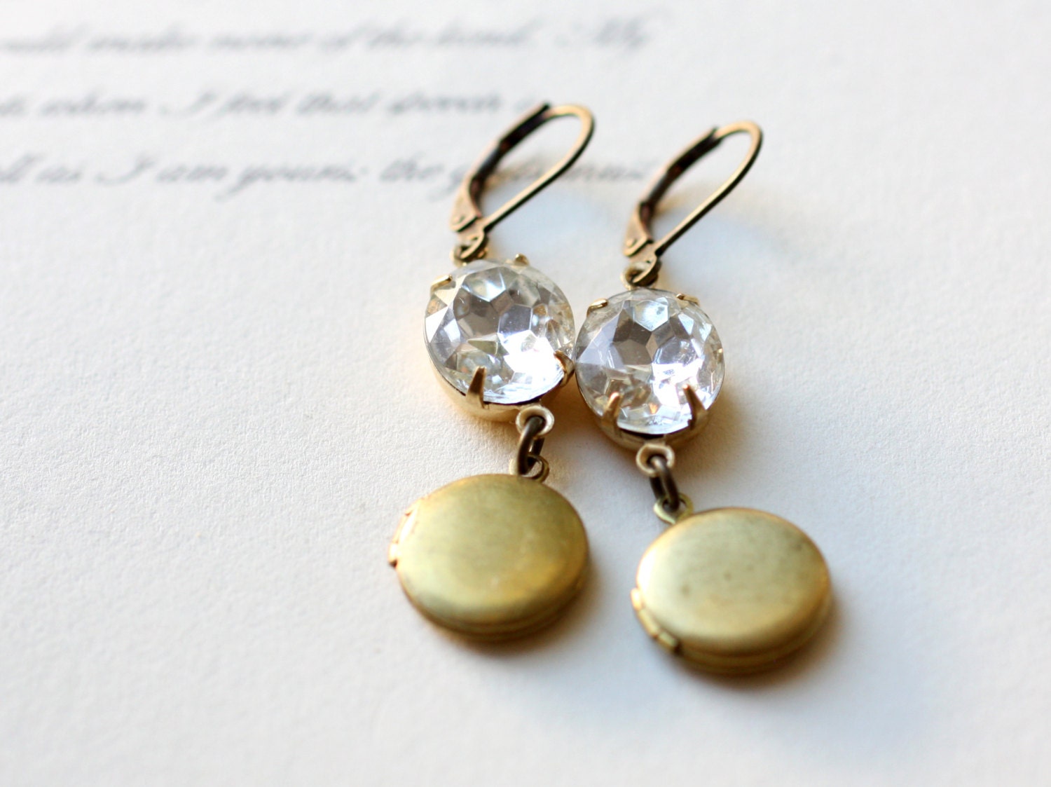 Locket Earrings with Vintage Diamond Jewels. Drop Earrings with Tiny Lockets. Round Locket Earrings. Bridesmaid Gift. Love Story