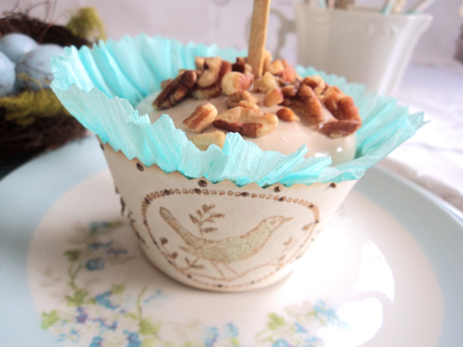 Les Jolis Oiseaux. Twelve Parchment Cupcake Holders with Robins Egg Blue Ruffles