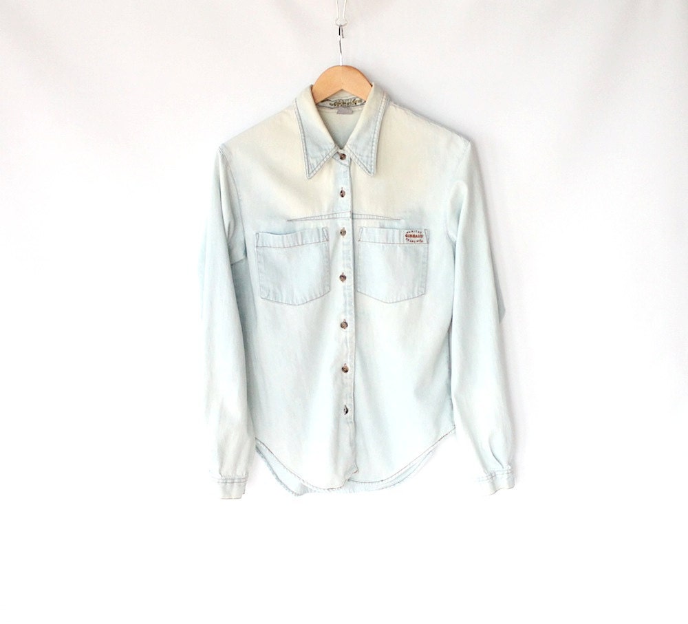 Vintage 80s Bleached & Worn In Light Denim Shirt // Women's Faded Work Shirt