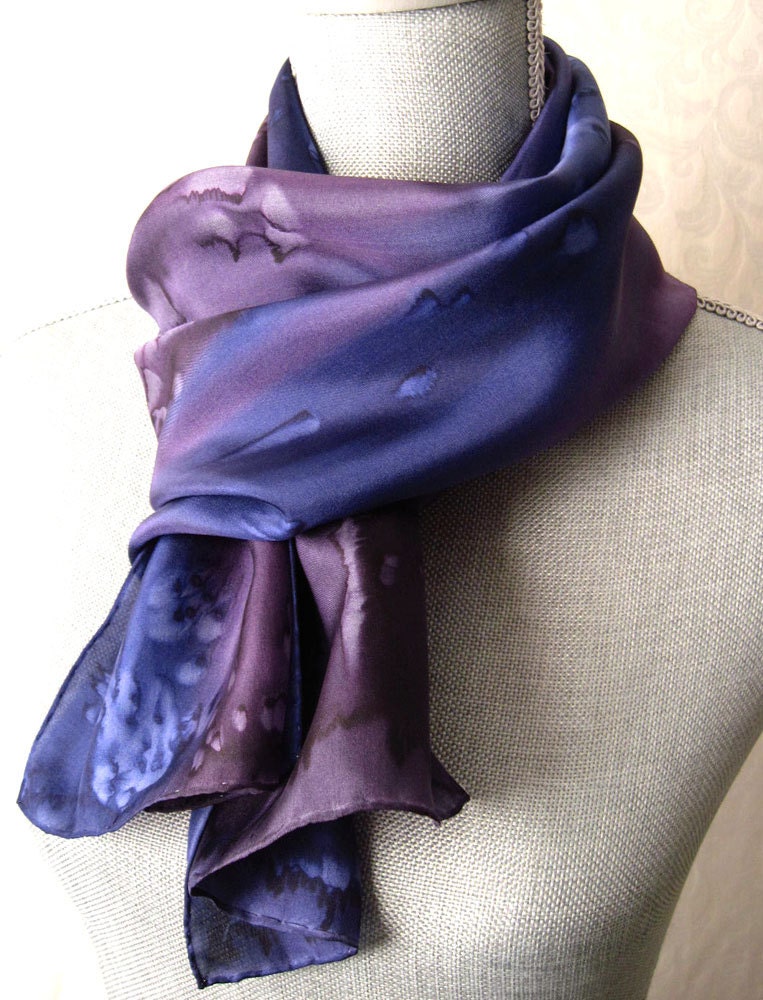 Silk Scarf Hand Painted in Navy and Plum