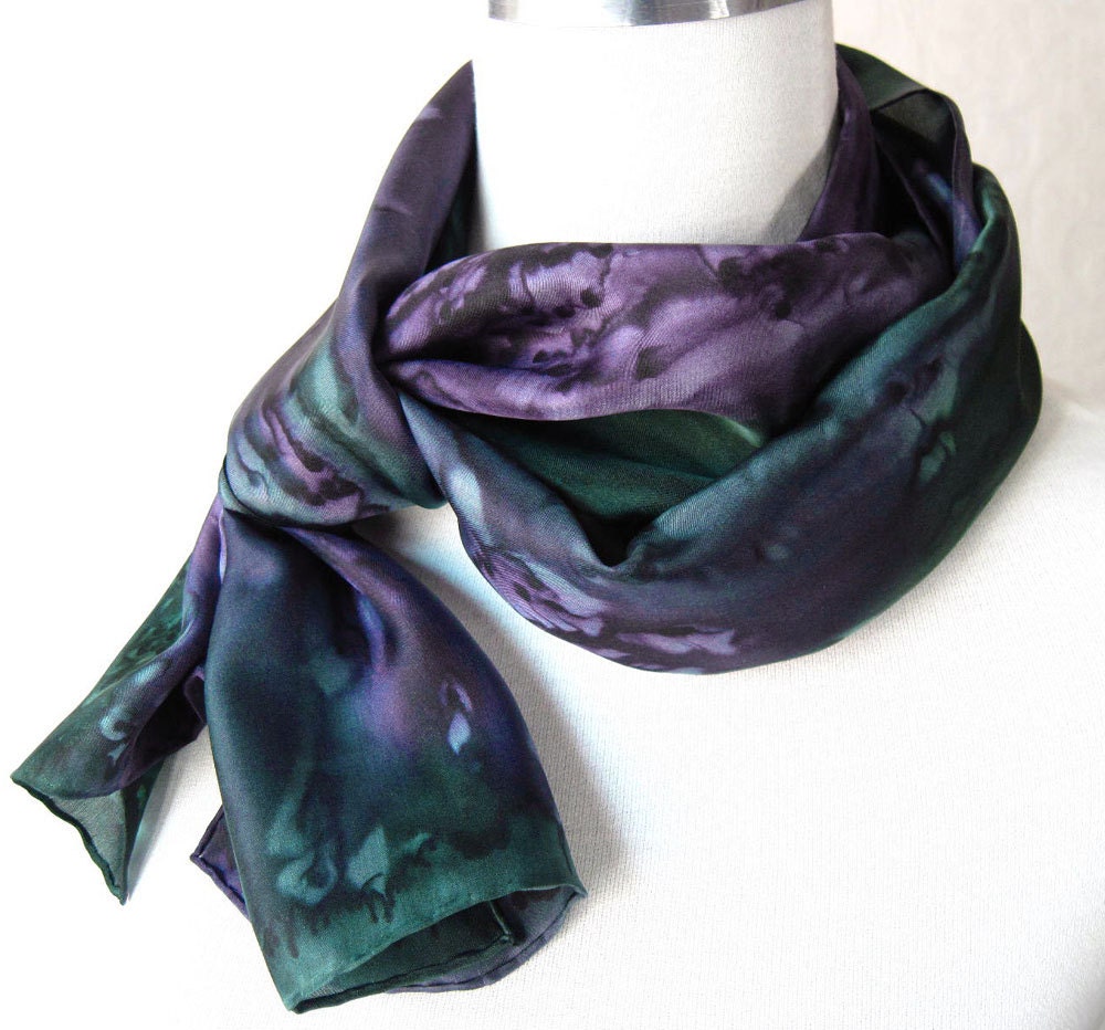 Silk Scarf Hand Painted in Plum and Forest Green