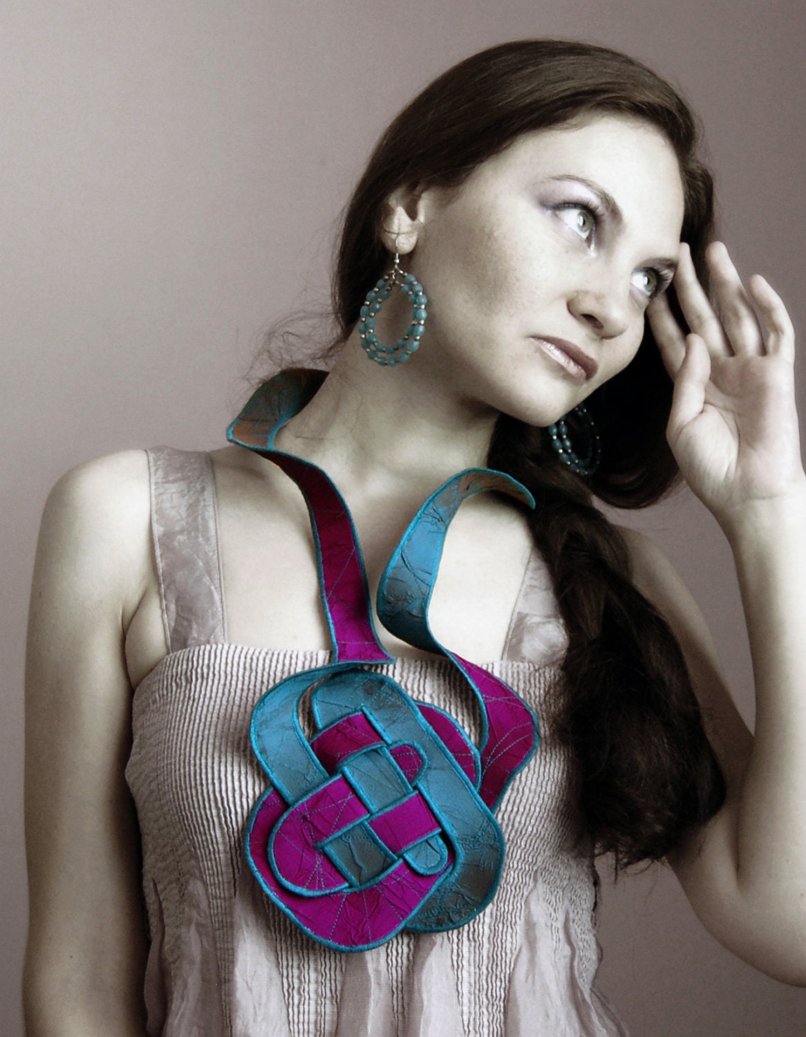 Fabric Necklace- Celtic Knot, Silk Cotton, Fashion Statement Accessory, Teal Fuchsia (Turquoise Blue Purple)