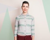 Mint and Grey Cardigan Sweater - Vintage Hand Knit Sweater Cardigan - XS