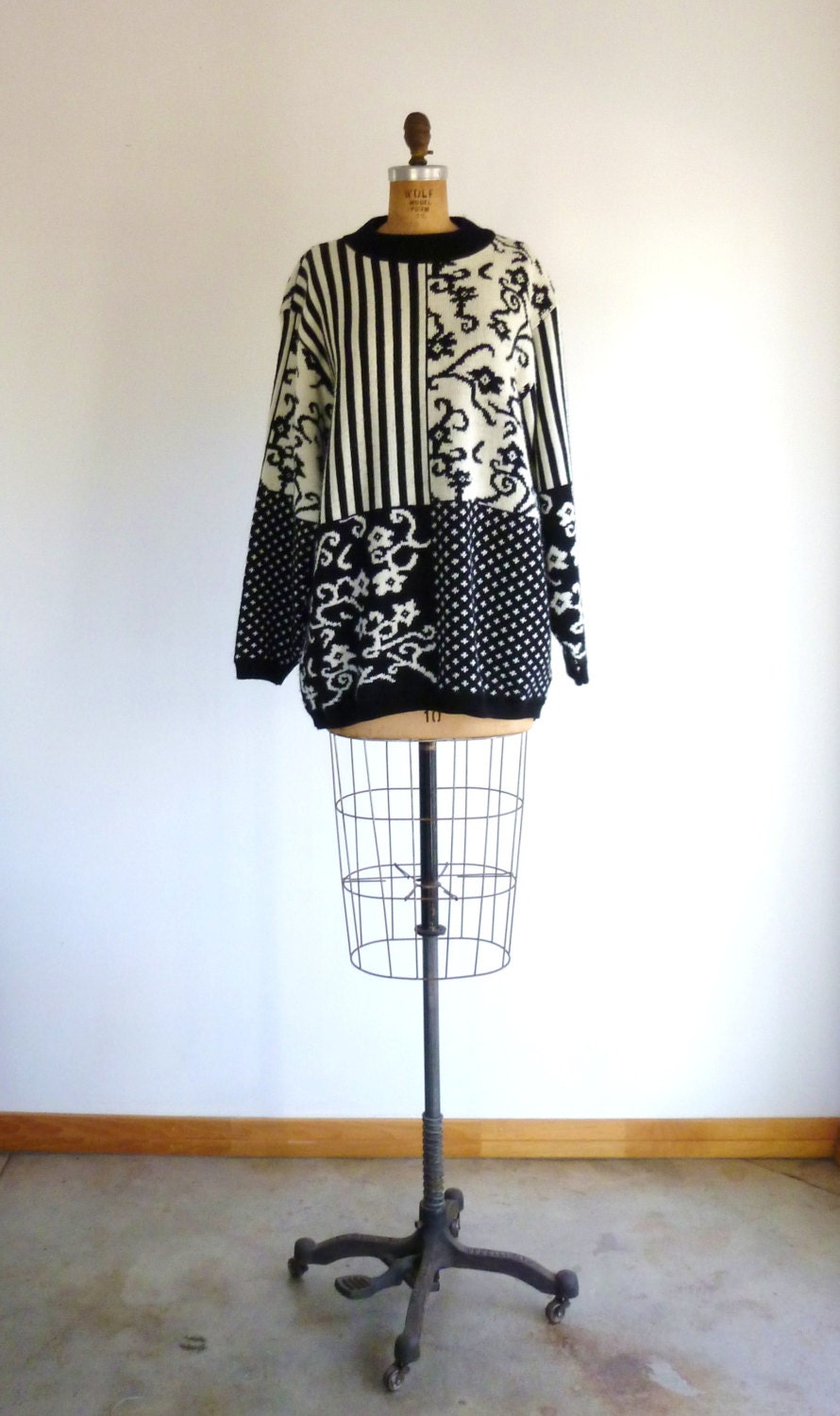 Black and White Sweater Vintage 80s Patchwork Floral Polka Dot Stripe Oversized Slouchy L/XL