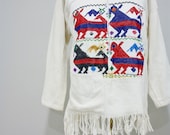 Weekend Sale - vintage 60s 70s embroidered jacket - Cow and Cat mexican pull over shirt fringe colorful coat S handmade