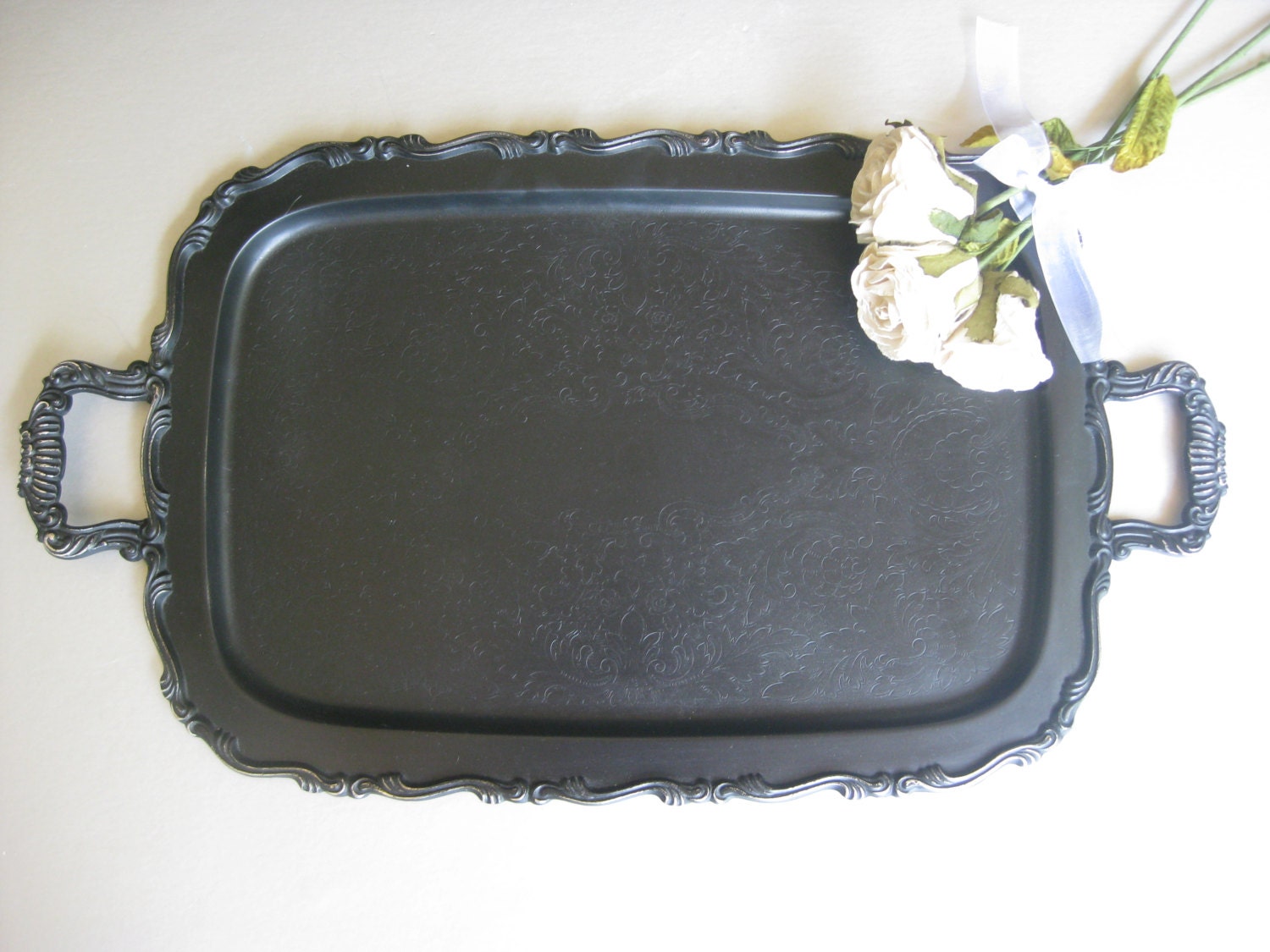 Vintage Black Tray, Old Tray, Ornate Tray, Serving Tray, Shabby, Cottage, Farmhouse,