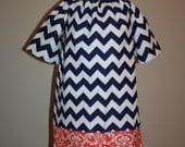 Navy and White Chevron Peasant Dress- Coral Floral Border- 4T 5T 6T Chevron Peasant Dress- Navy Chevron Dress- Ready to ship