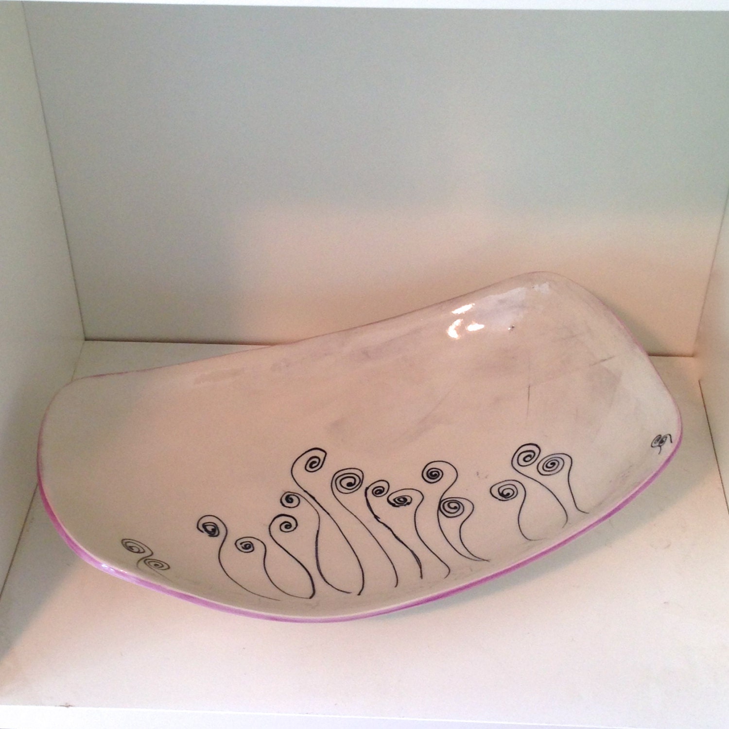 Scooped Pottery Ceramic Tray with Black Fiddlehead Ferns