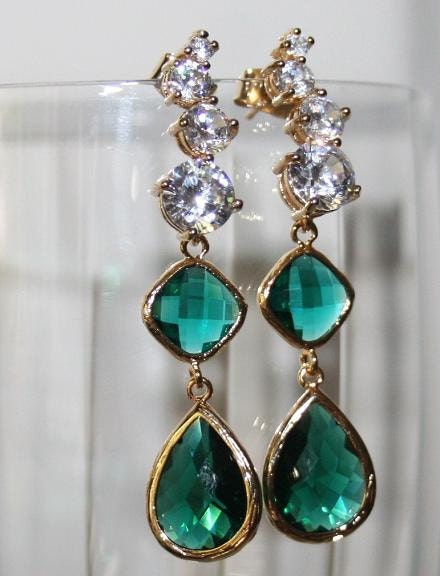 Emerald Rhinestone Teardrop Sparkle Statement Earrings, Luxury Wedding Cubic Zirconia Rhinestone Emerald Green Earrings