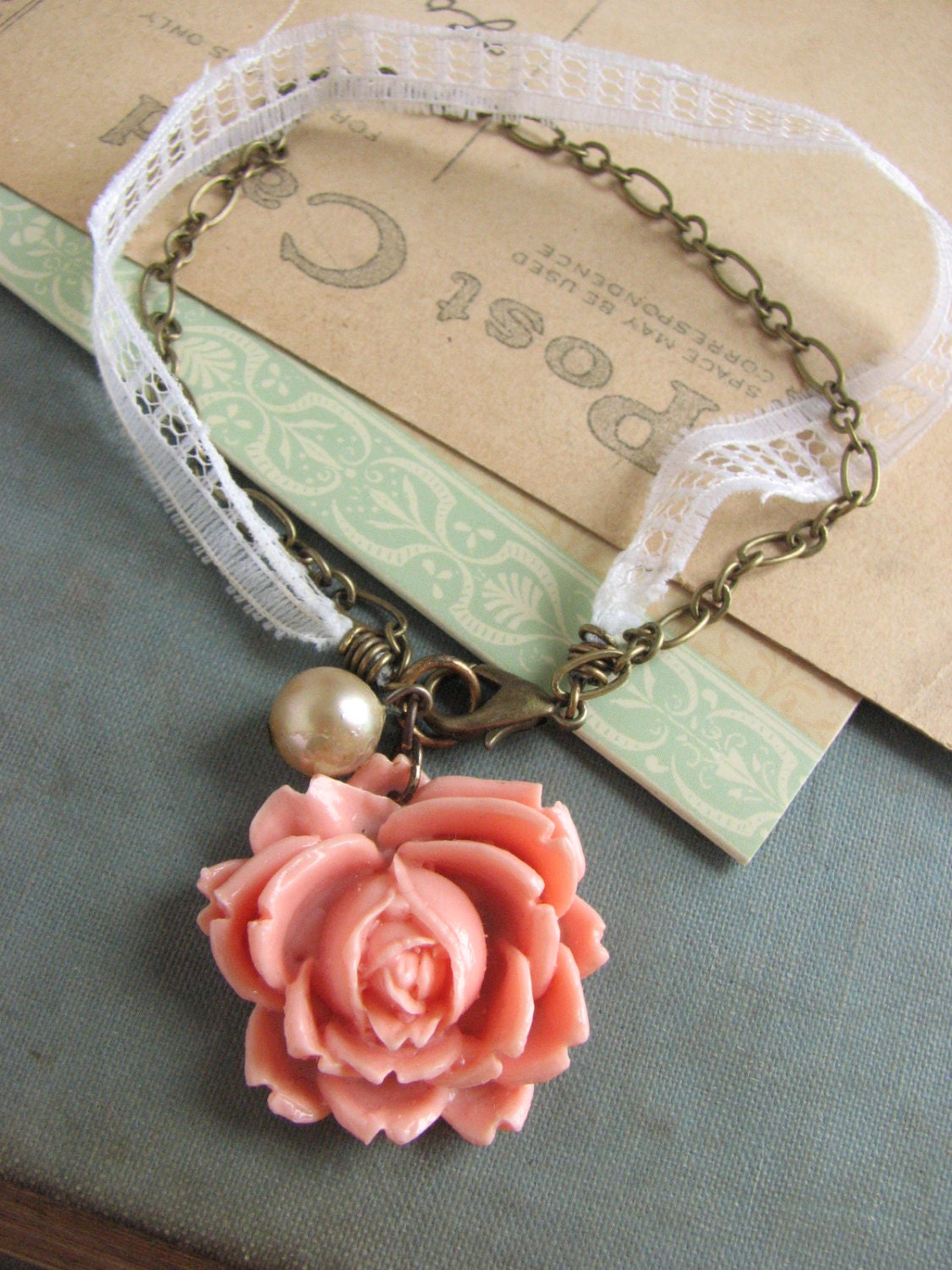 Shabby Chic Pink Rose Bracelet -ribbon bracelet, white lace, vintage style, bridesmaid