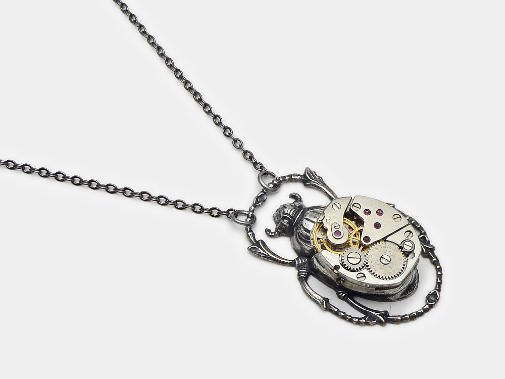 Steampunk Necklace Egyptian scarab beetle vintage Elgin watch movement gears Neo Victorian silver pendant jewelry by Steampunk Nation