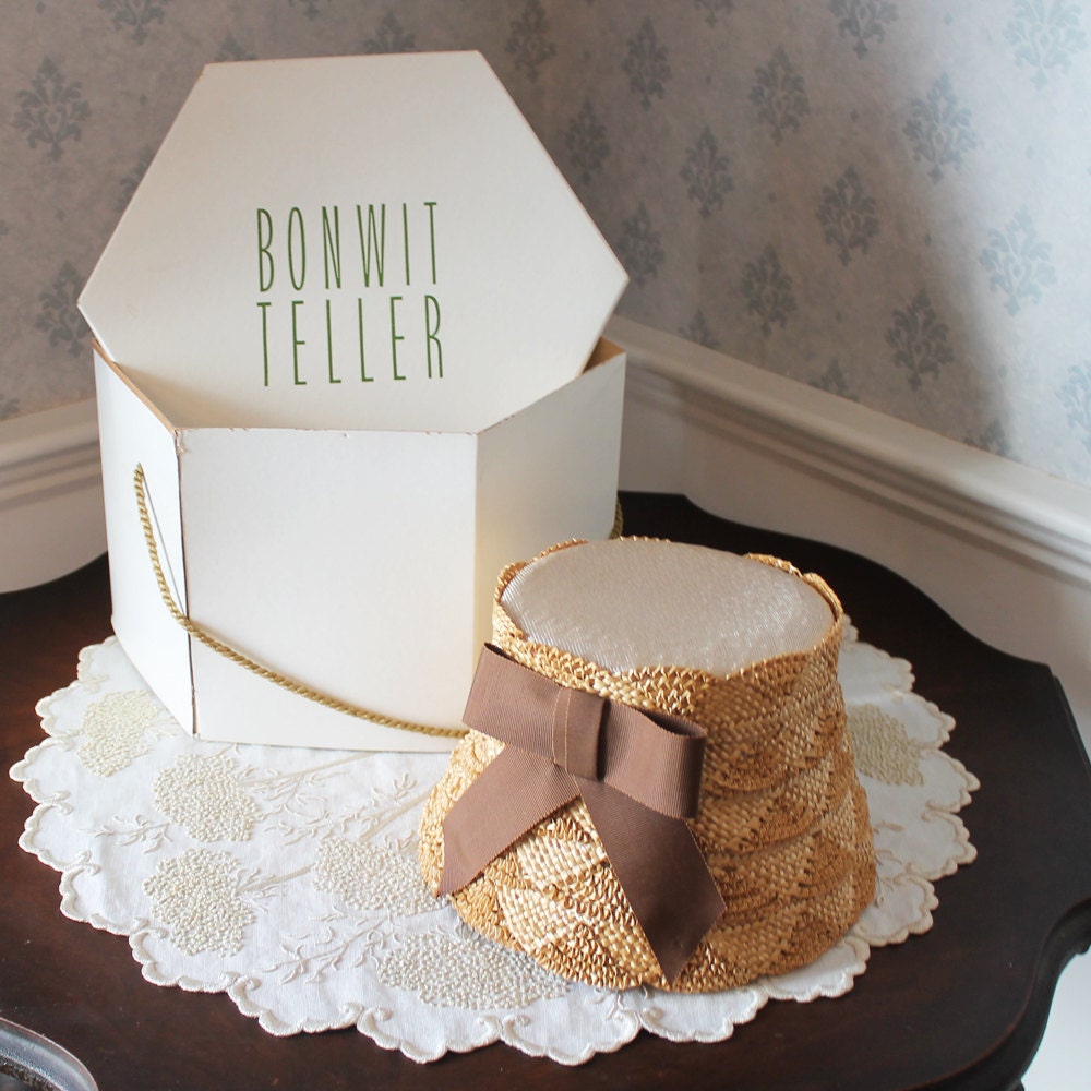 Vintage Straw Hat with Chocolate Brown Bow with Bonwit Teller Box