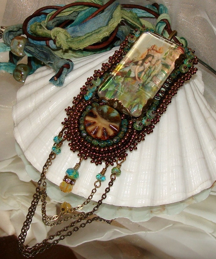 Victorian Mermaid bead embroidery necklace pendant Pamelia Designs