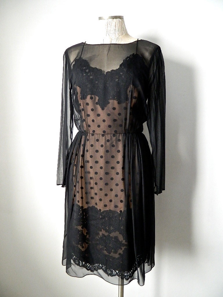 Vintage Sheer Polka Dot Flesh Tone Lace Long Sleeve Cocktail Dress Overlay