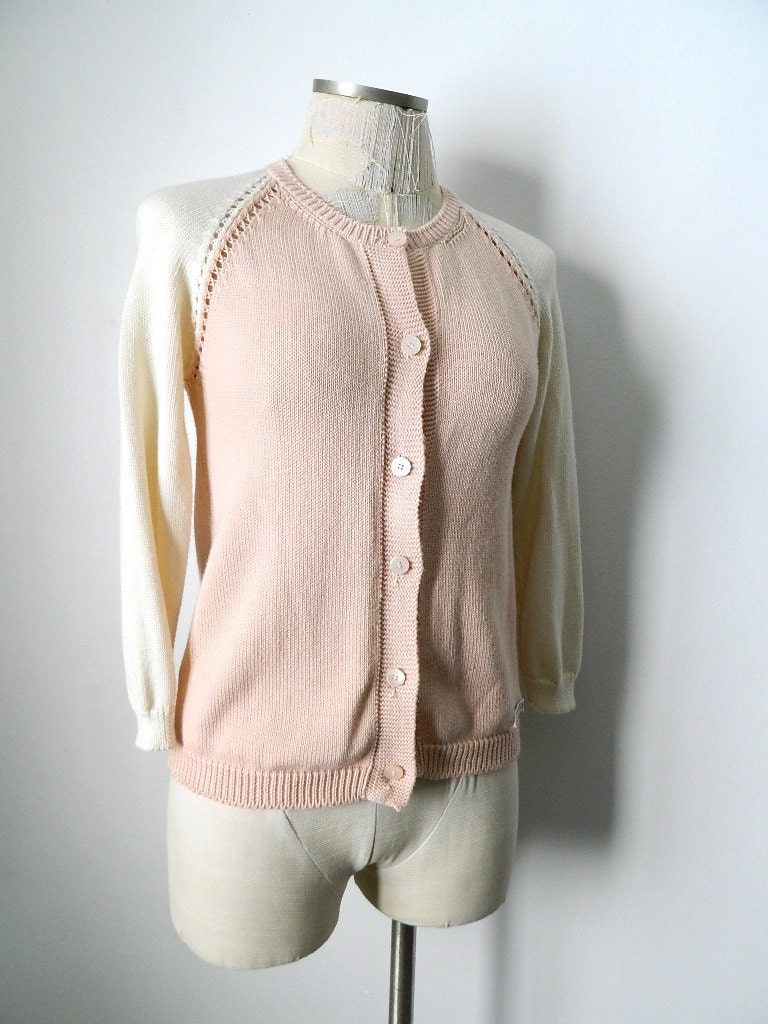 Vintage 90's MIU MIU Pastel Pink Cream Cardigan Sweater Colorblock Cotton Made in Italy