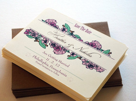 Woodsy Floral Wedding Save the Date Notecards in Pink, Green and Brown - Flat Save The Date Cards (sample)