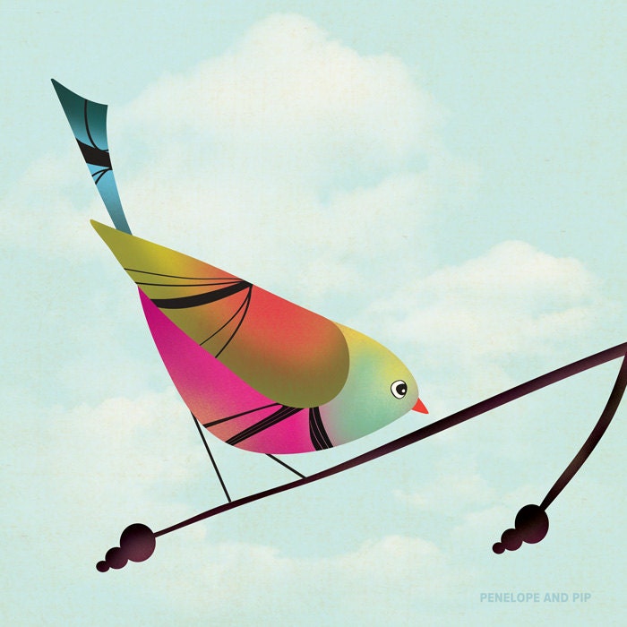 Art Print, Bird, Mid Century, Home Decor, Children, Nursery, Original Illustration by Penelope and Pip