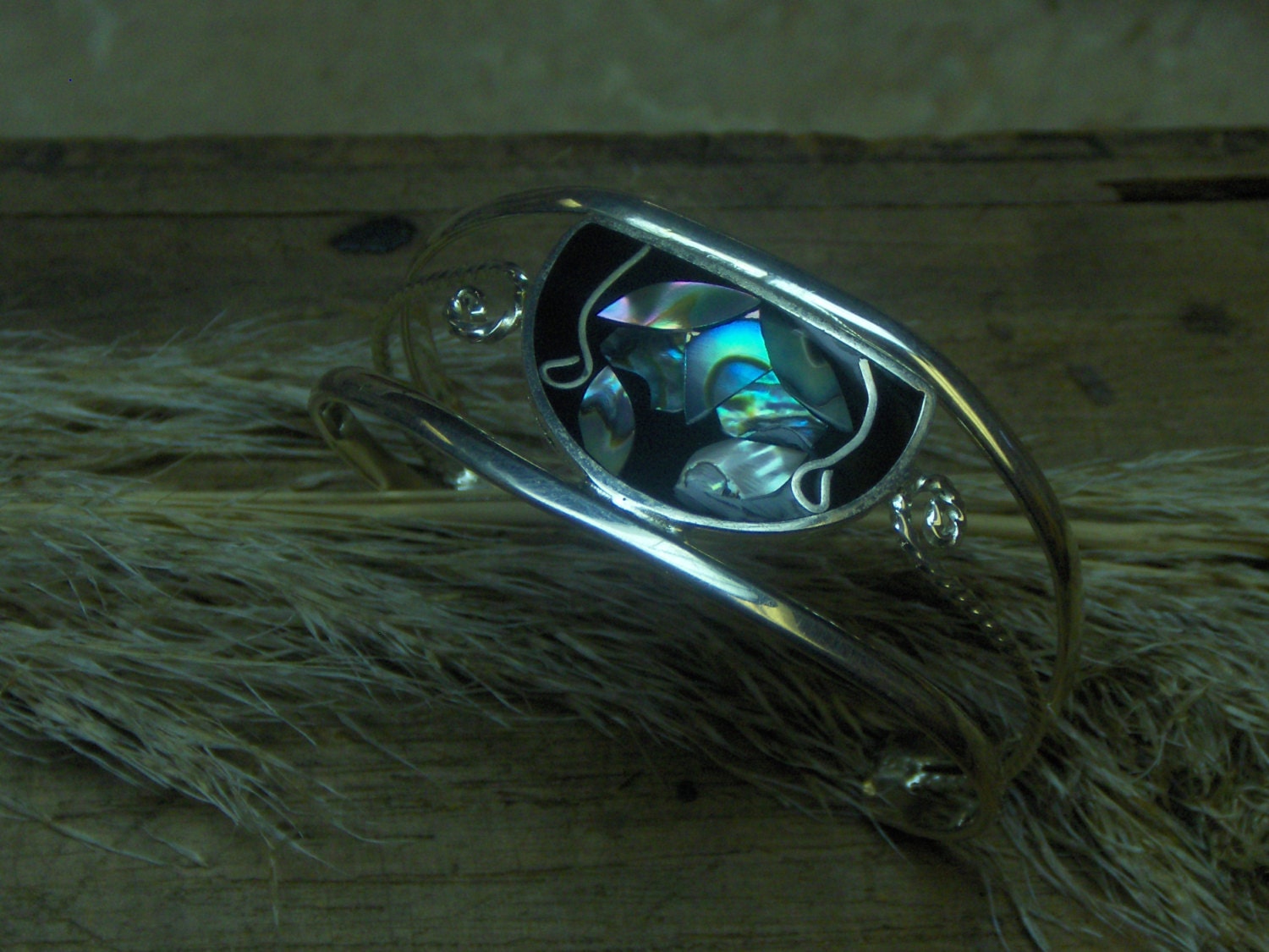 SALE- Vintage Alpaca Mexico and Abalone and black enamel Mosaic Cuff Bracelet