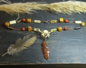 THE SHAMAN. Warrior Talisman. Mahogany obsidian arrownhead, Wolf Vetebra, Red Jasper, Peruvian Opal and wood necklace OOAK