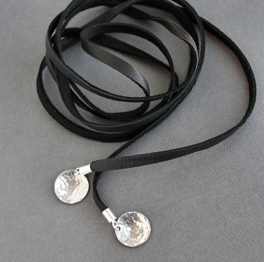 Lariat Necklace Soft Deerskin Leather Polished Silver Charms