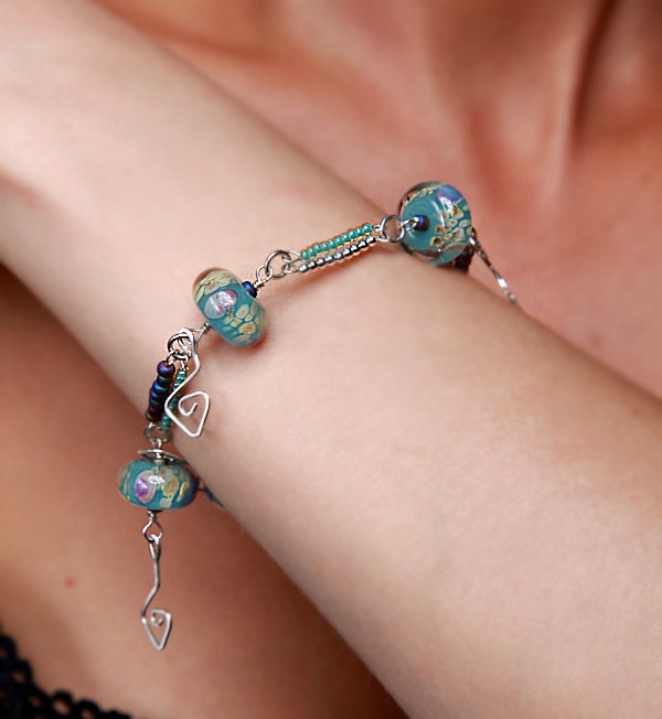 Charm Glass Beads Bracelet - Turquoise Glass Beads Sterling Silver Charm Bracelet - Handmade Jewelry