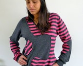 Fuchsia Pink & Gray Stripey Upcycled Cashmere Sweater                   Made in England UK