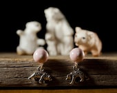 Earrings - Pink Polymer Clay Studs with Pewter Bear Charms - Posts - Only Pair