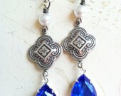 Blue Sapphire Earrings Antiqued Silver Quatrefoil Vintage Majorelle Blue by MinouBazaar