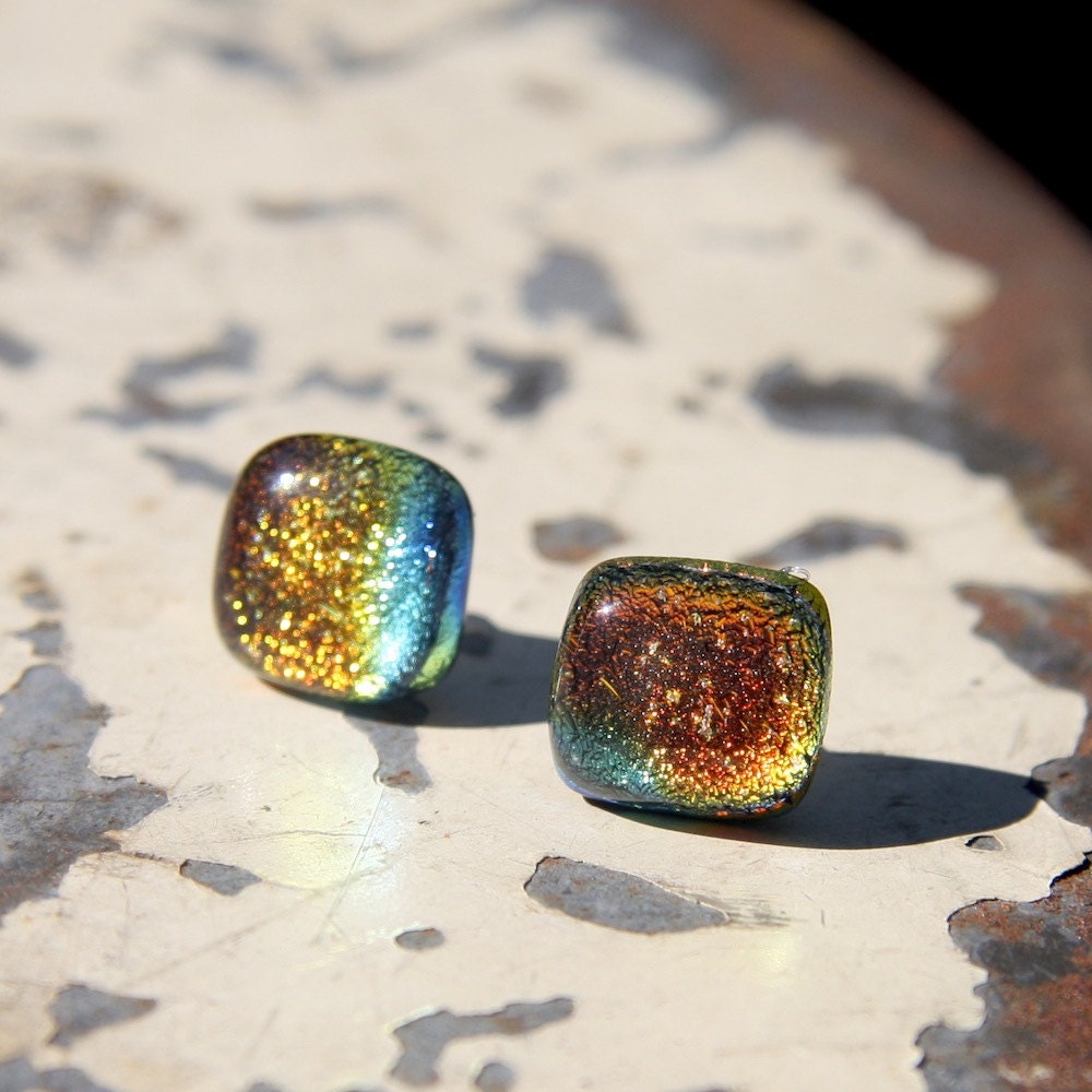 Fused Glass Stud Earrings - Fire Red Dichroic - leadlightbyettore