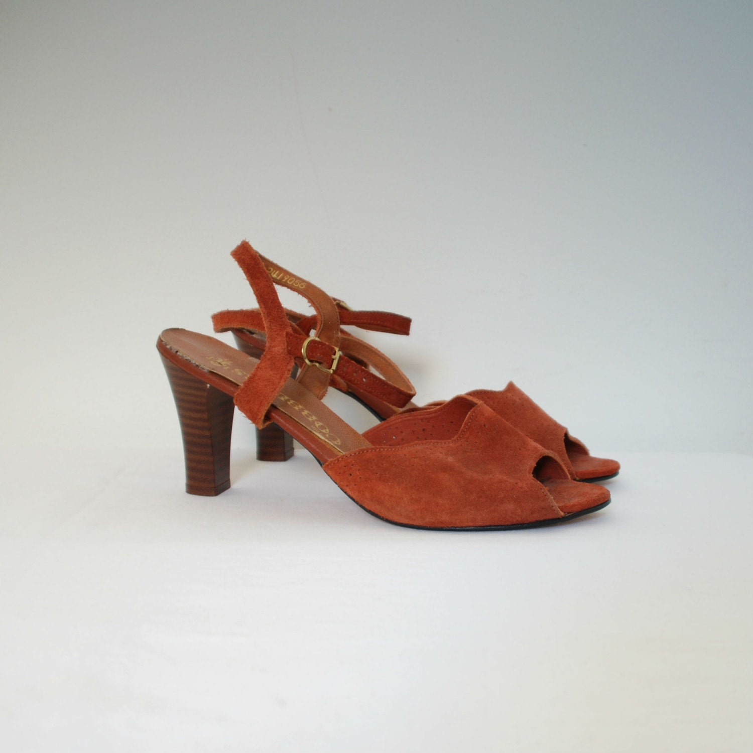 1970s Sandals / 70s Brown Suede Perforated Heels / Ankle Strap (size 7.5)