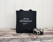 Let the adventure begin... - Knitting Bag - School Bag - Black Canvas Bag - Essentials Tote