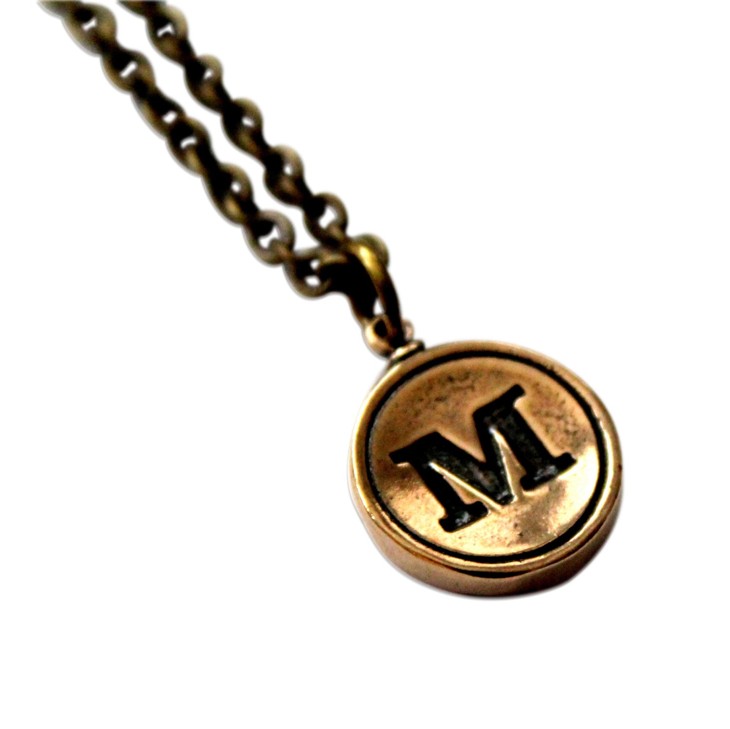 Letter M Necklace - Bronze Initial Typewriter Key Charm Necklace - Gwen Delicious Jewelry Design
