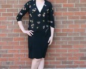 Vintage 1920s Black & Deco Floral Crepe de Chine Dress/ AS IS