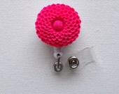 Candy Pink Pom Pom Flower  - Nursing Badge Holder - Retractable ID Badge Reel  - Nurse ID Badge Clip - Flower Badge Holder - Teacher Clip