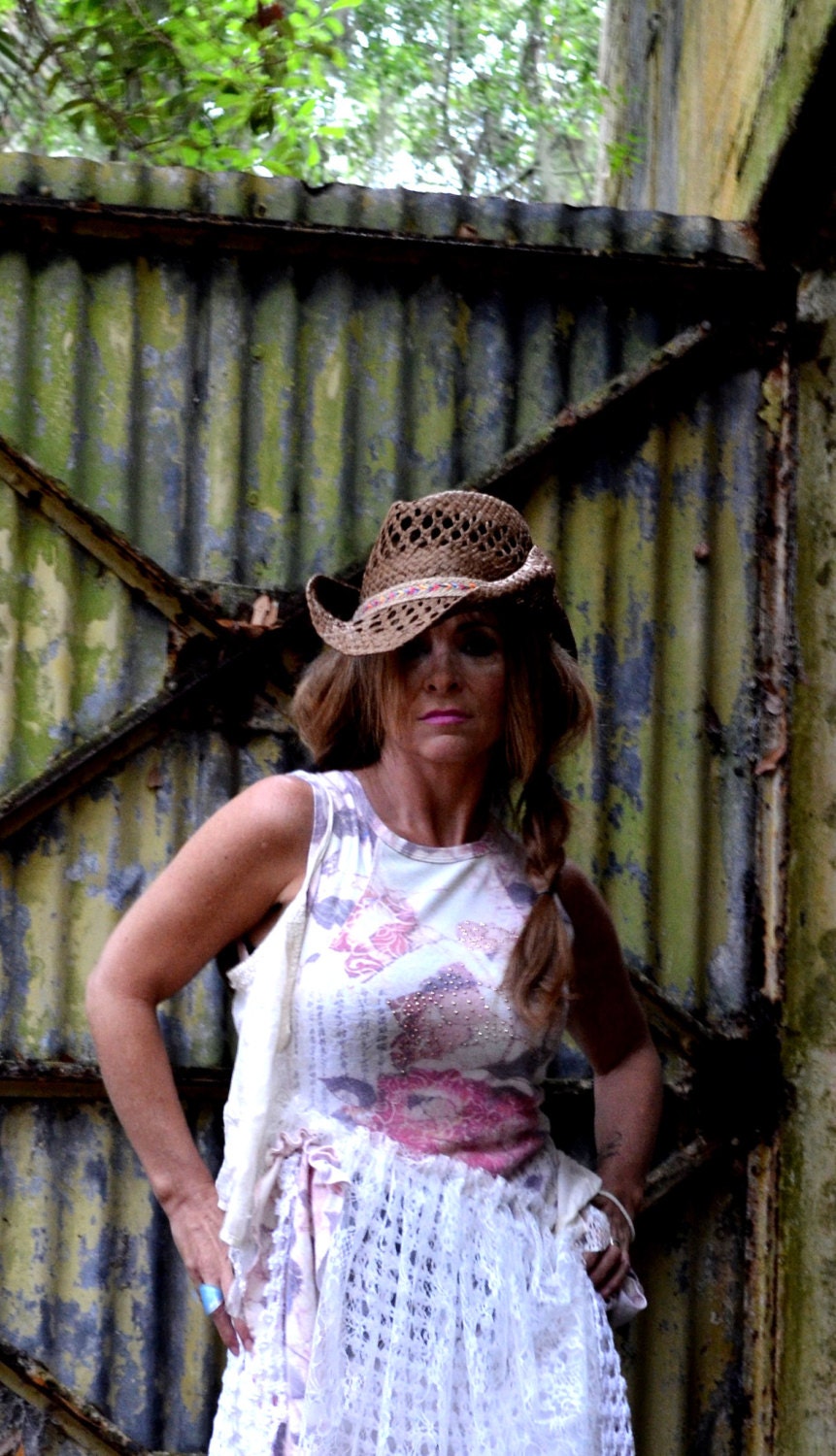 Boho tunic, gypsy cowgirl glam top, romantic crochet clothing, altered couture, Shabby pink, women's, true rebel clothing Sm
