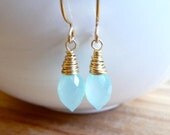 Aqua Blue Chalcedony Earrings, Marquise Gemstone Earrings, Wire Wrapped Gold Filled Jewelry, Summer Beach Jewelry