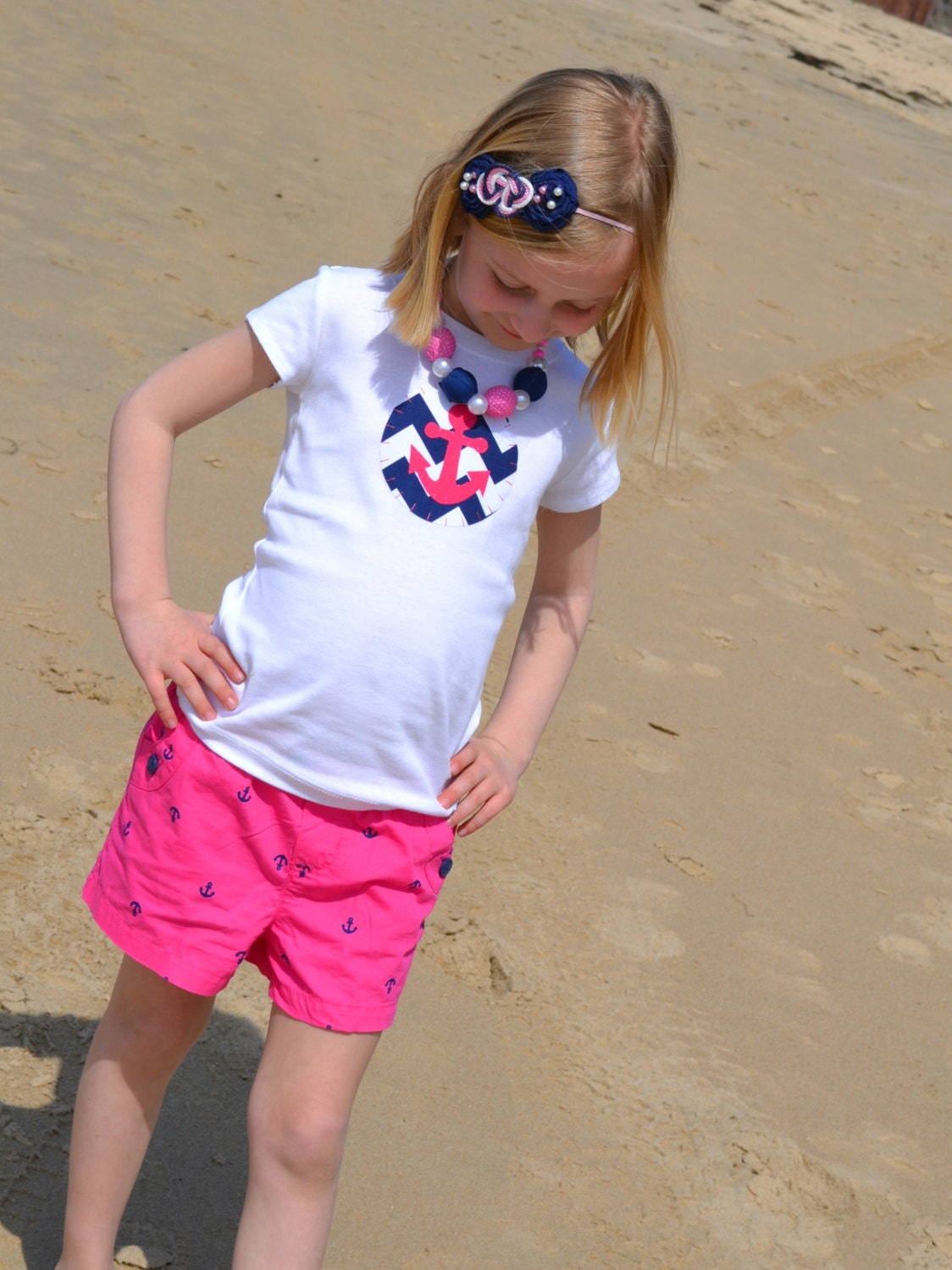 PREPPY CHEVRON Girls Anchor Shirt in Navy and Hot Pink Sizes 3m-6T Matching Sibling Set Available
