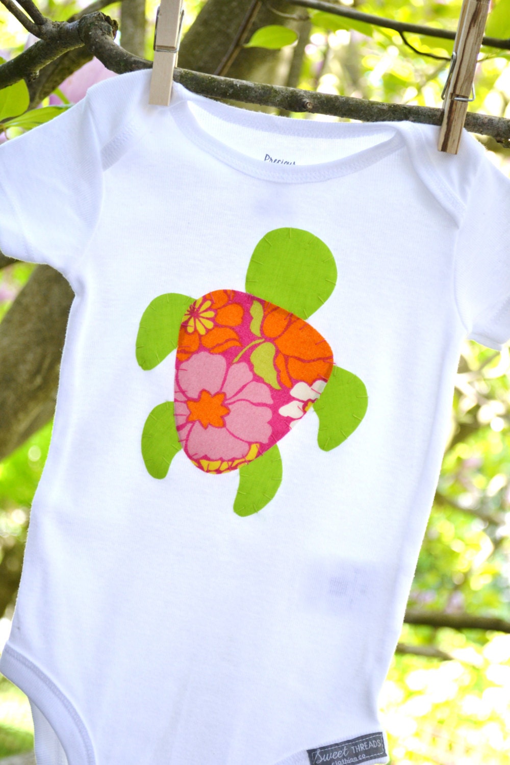 PREPPY TURTLE Applique in Tropical Pink and Lime Green Onesie Bodysuit Great Baby Shower Gift or Birthday Shirt